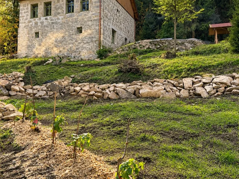 Chalupa nad svažitou zahradou s novou výsadbou