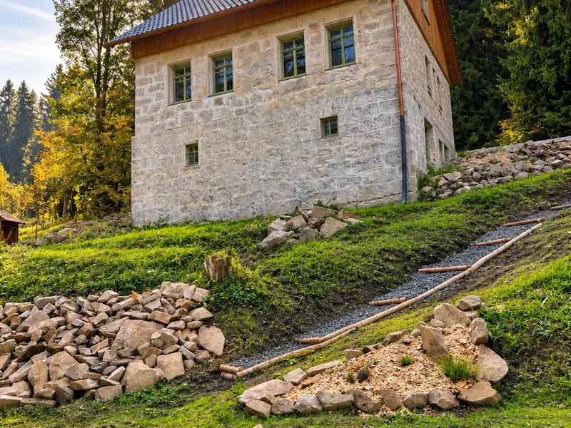 Kamenná chalupa na kraji lesa při západu slunce