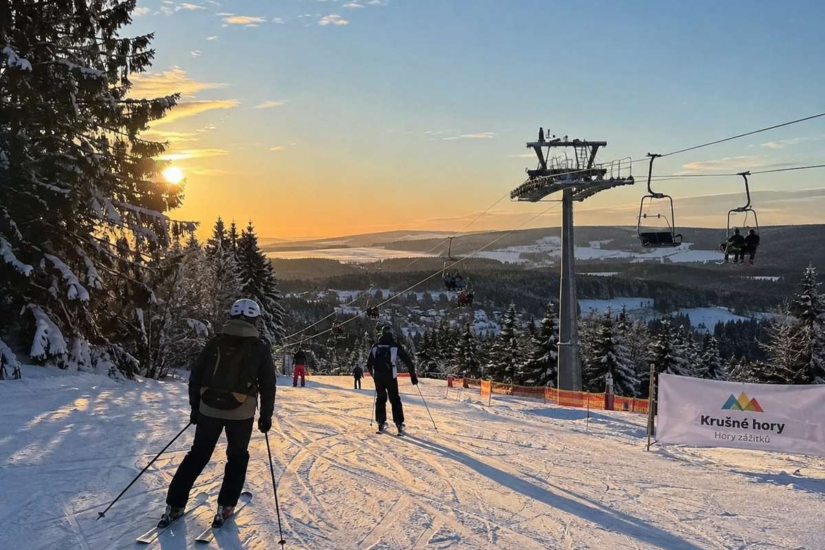 Piste im Erzgebirge bei Sonnenuntergang mit Sessellift