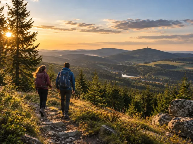 Dvojice turistů na hřebenové stezce v Krušných horách nad údolím